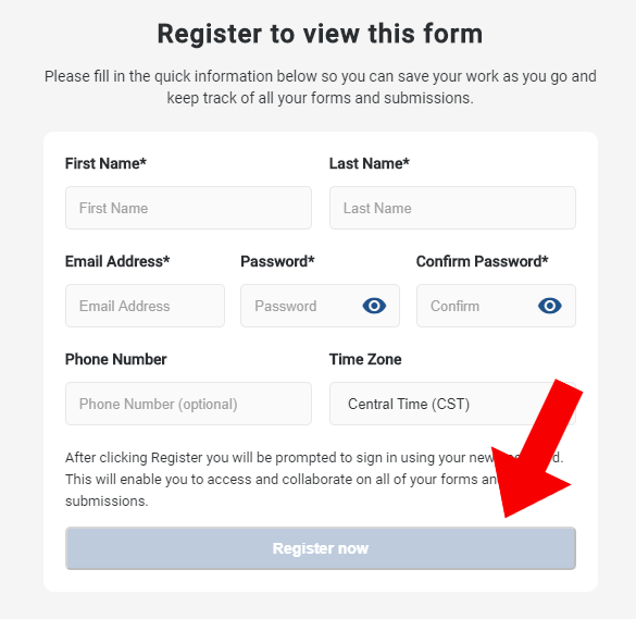 screenshot indicating the register now button in the financial responsibility application