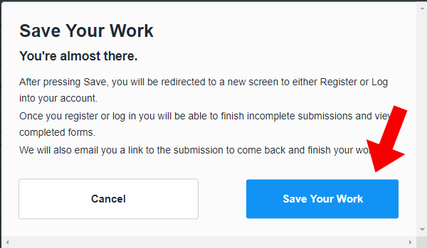 screenshot indicating the save your work button in the financial responsibility application